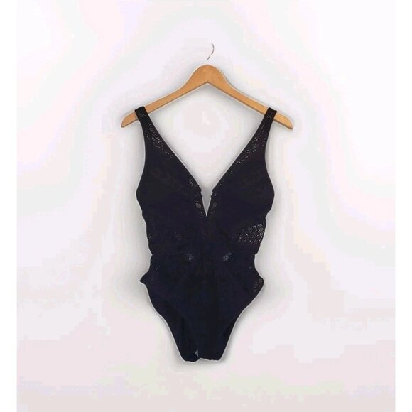BECCA Other - Becca Color Play Plunge Neck One Piece Swimsuit Size Large Black Crochet Lace